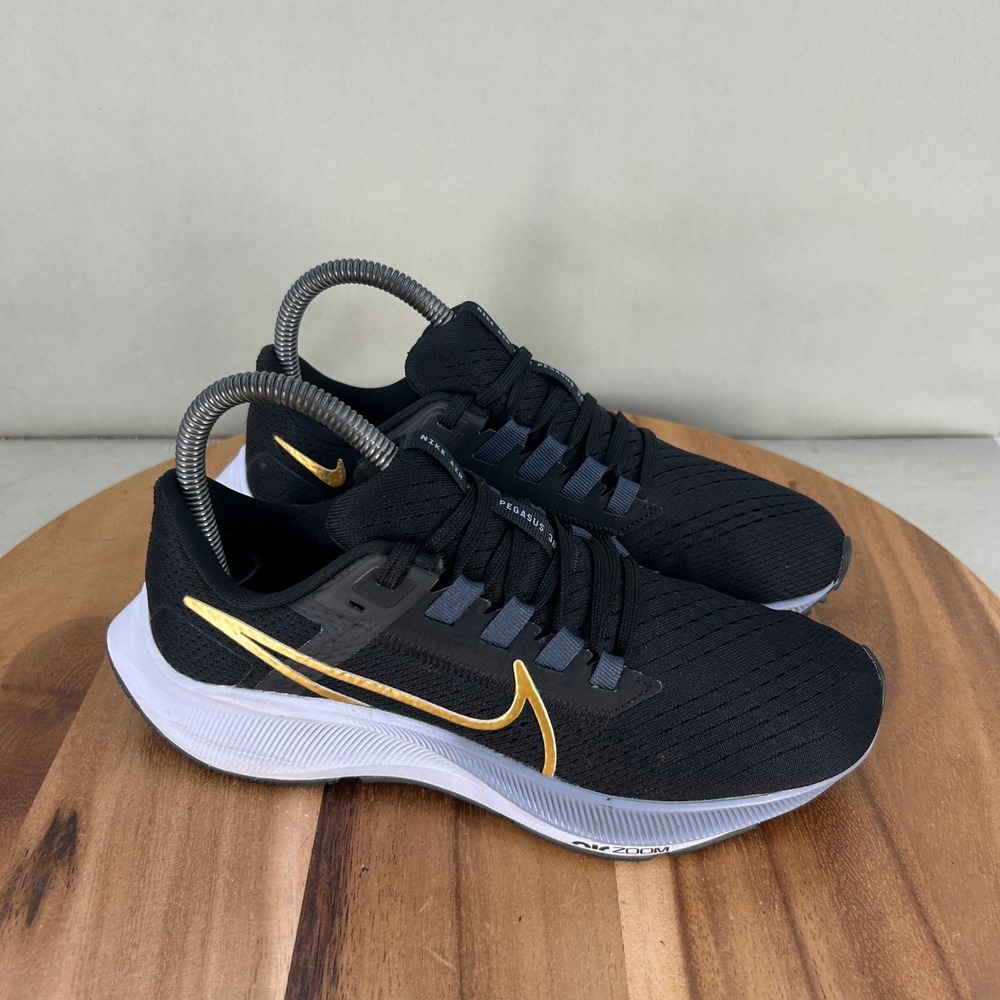 Nike Air Zoom Pegasus 38 Black Gold Running Shoes CW7358-004 Mens 6 Womens 7.5